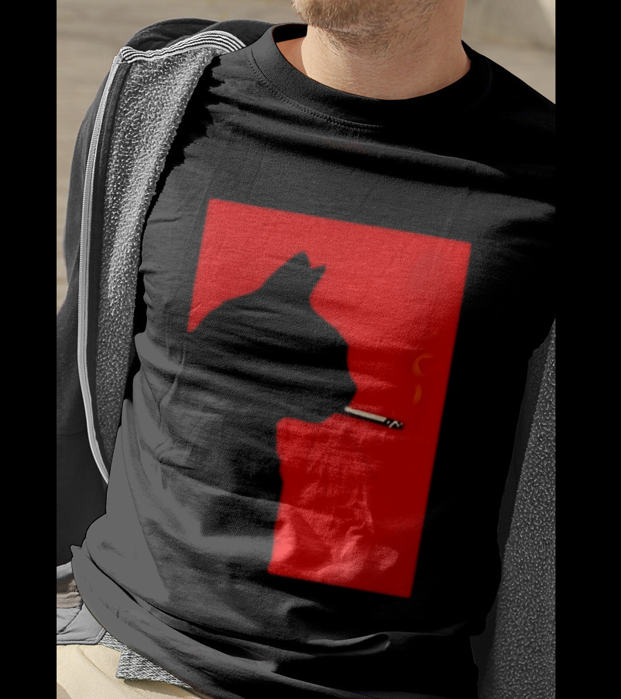 Black Cat Silhouette With Cigarette On Red T-Shirt