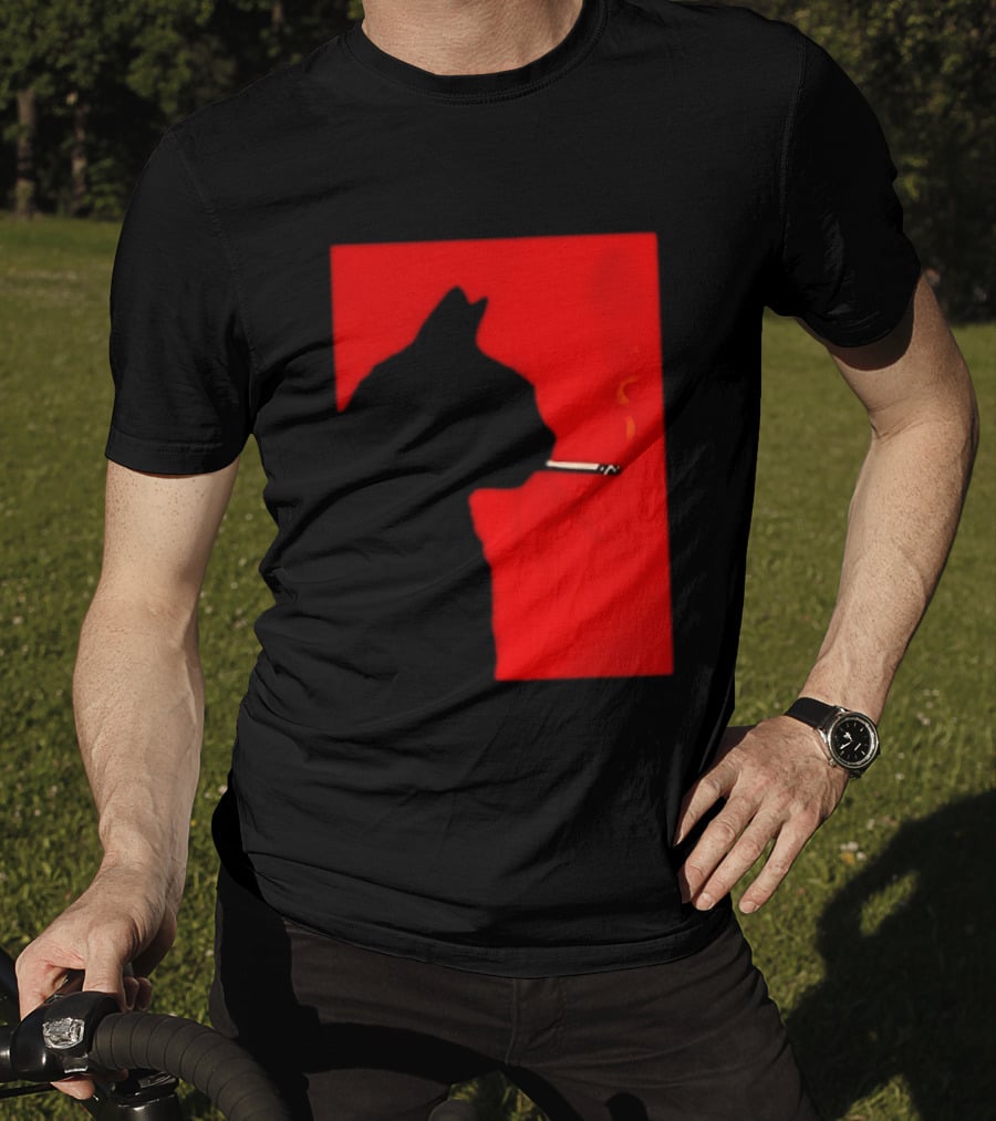 Black Cat Silhouette With Cigarette On Red T-Shirt