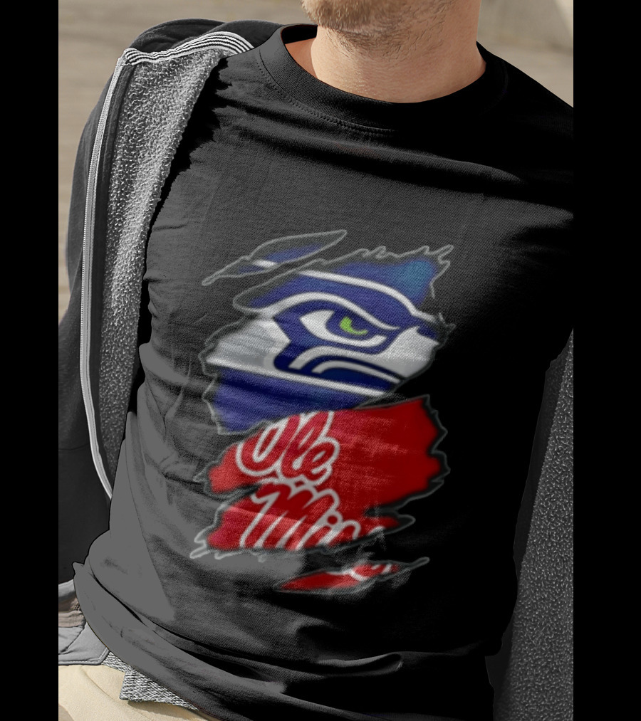 Seattle Seahawks Ole Miss Rebels Ripped Fabric Reveal T-Shirt