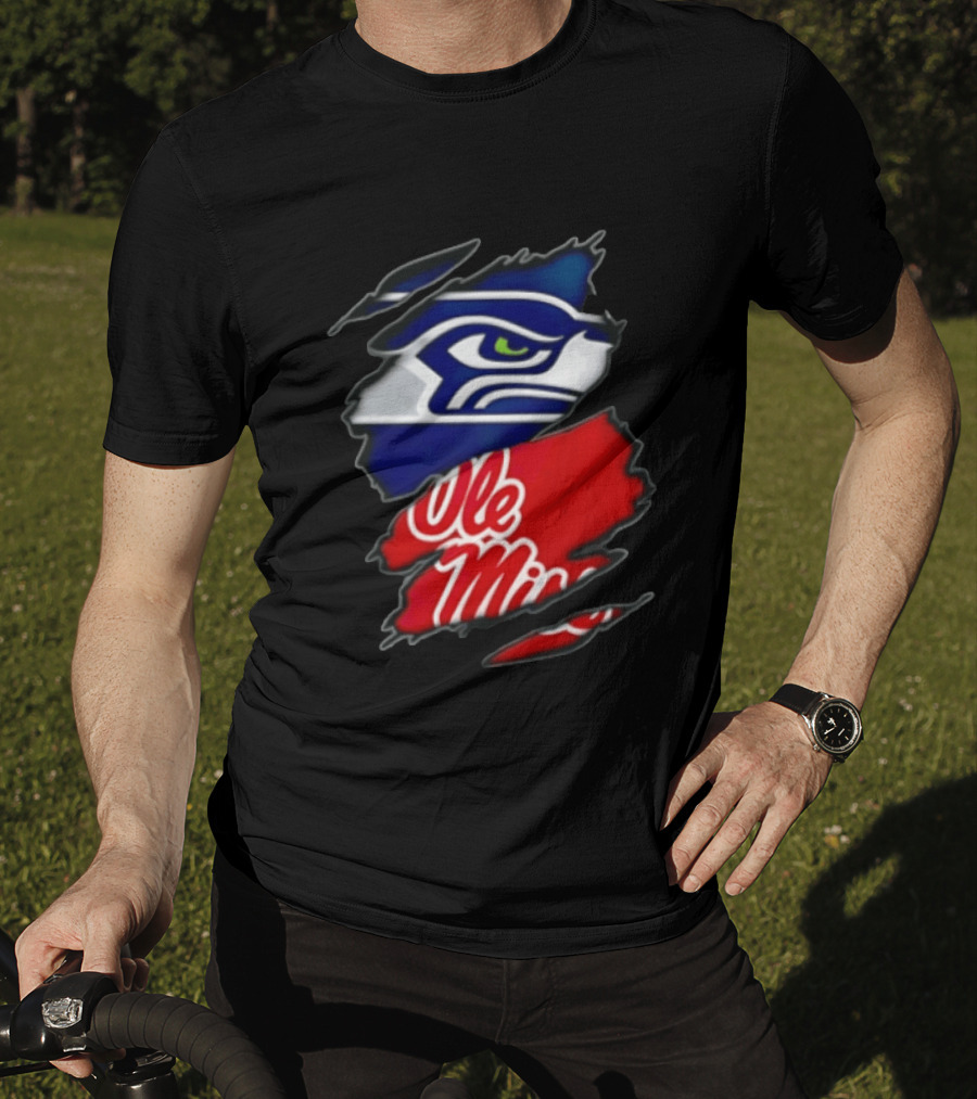 Seattle Seahawks Ole Miss Rebels Ripped Fabric Reveal T-Shirt