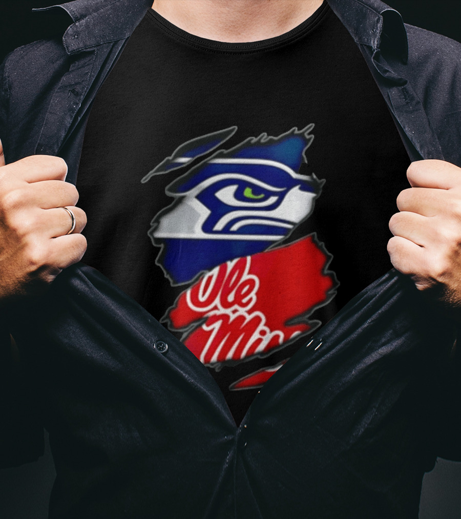Seattle Seahawks Ole Miss Rebels Ripped Fabric Reveal T-Shirt