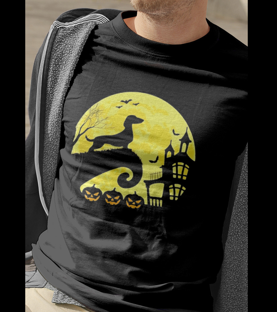 Dachshund Halloween Moon Spooky Night With Pumpkins T-Shirt