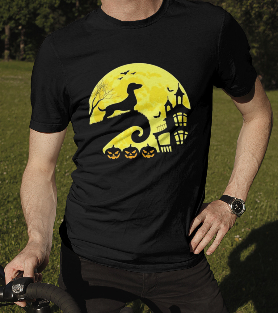 Dachshund Halloween Moon Spooky Night With Pumpkins T-Shirt