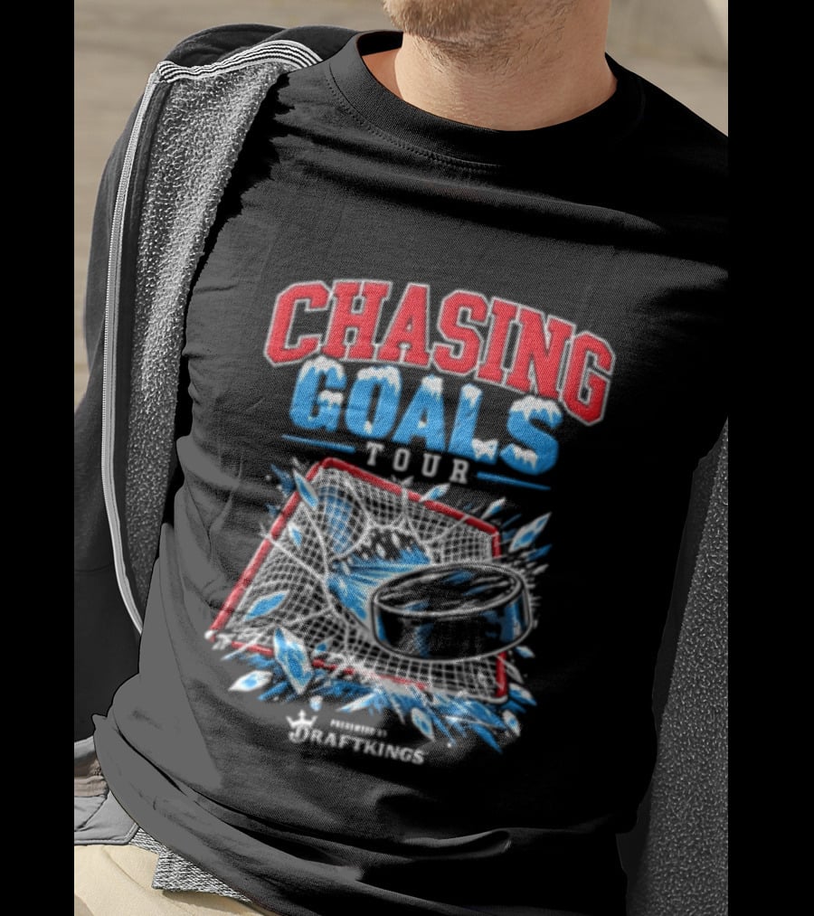 DraftKings Chasing Goals Tour Hockey Puck Crashing Into Net T-Shirt