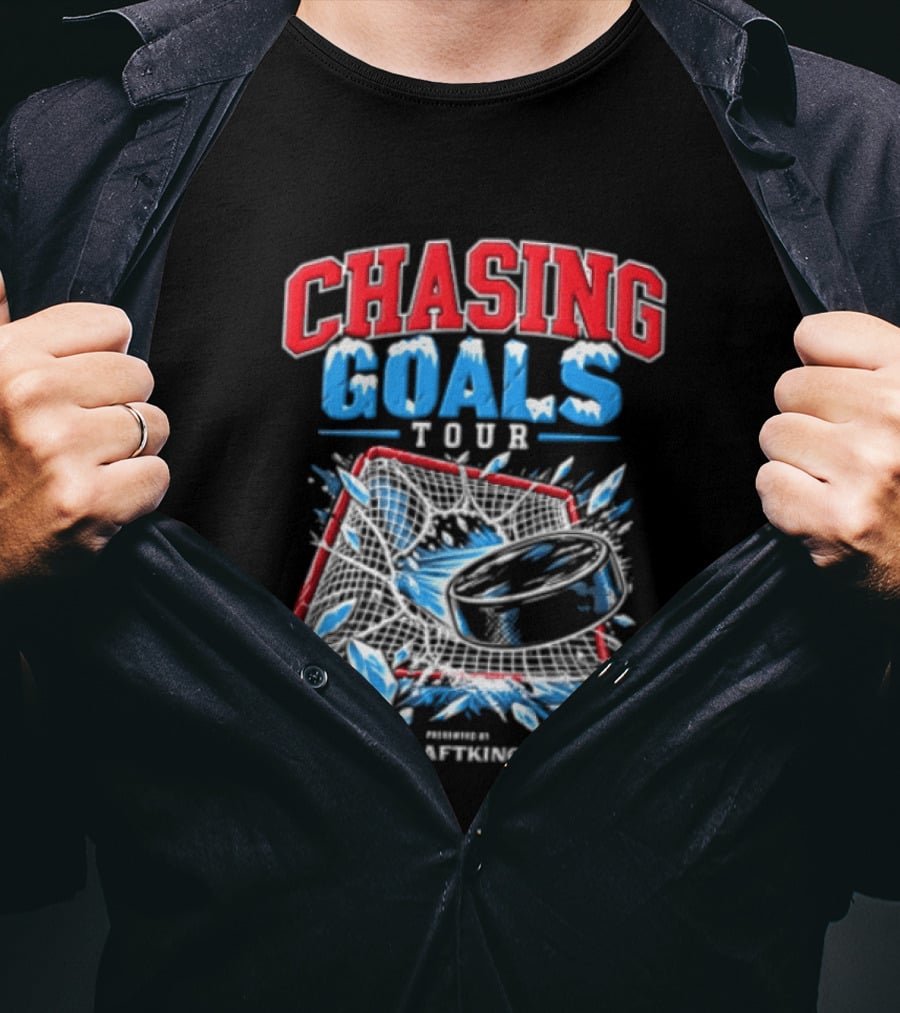 DraftKings Chasing Goals Tour Hockey Puck Crashing Into Net T-Shirt