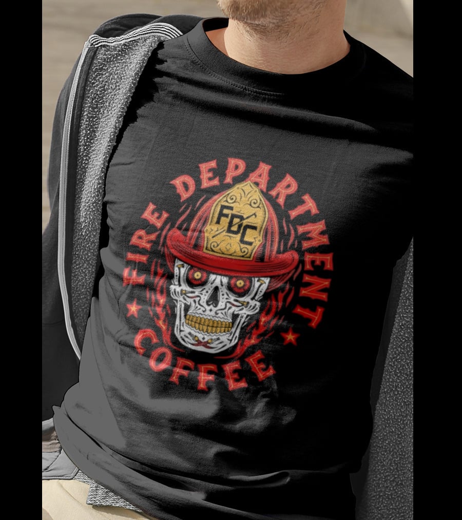 Fire Department Coffee FDC Skull Firefighter Helmet T-Shirt