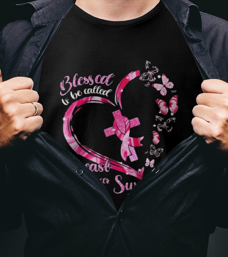 Blessed To Be Called Breast Cancer Survivor Pink Butterfly Ribbon Heart T-Shirt