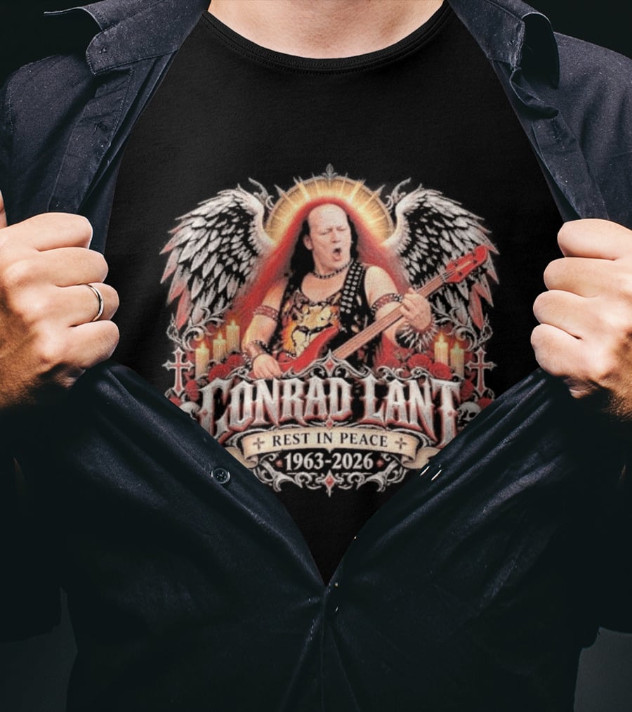 Rest In Peace Conrad Lant 1963 2026 Winged Bass Legend Candle Roses Skulls T-Shirt