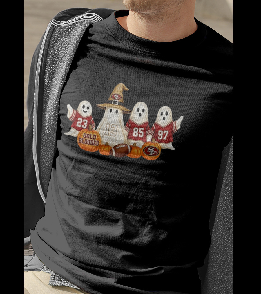San Francisco 49ers Ghost Gold Blooded Halloween Football 2026 Pumpkins Football Jerseys T-Shirt