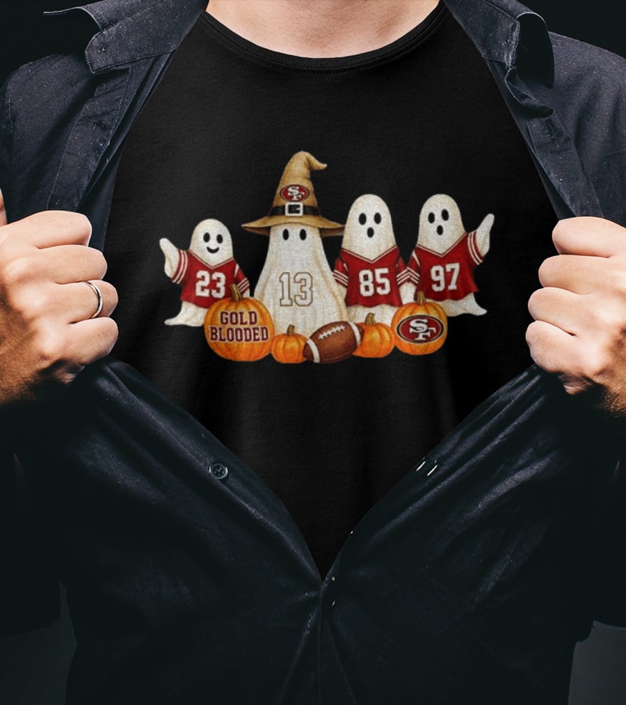 San Francisco 49ers Ghost Gold Blooded Halloween Football 2026 Pumpkins Football Jerseys T-Shirt