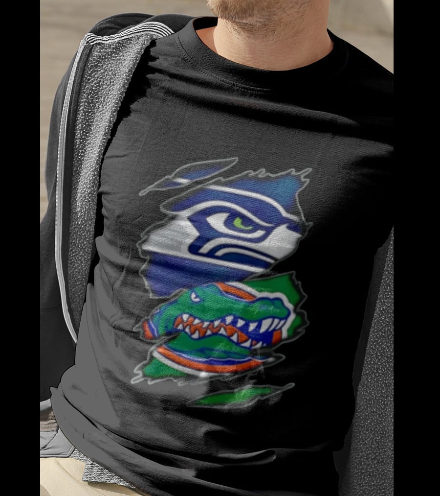 Seattle Seahawks Florida Gators Ripped Fabric Effect Sports Logos T-Shirt