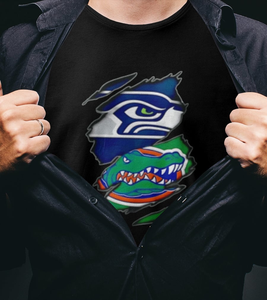 Seattle Seahawks Florida Gators Ripped Fabric Effect Sports Logos T-Shirt
