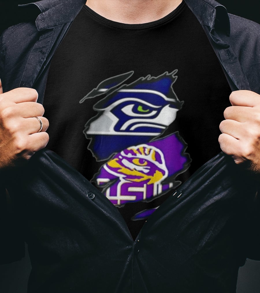 Seattle Seahawks Louisiana State University Ripped Fabric Reveal Seahawks Tiger Eye T-Shirt