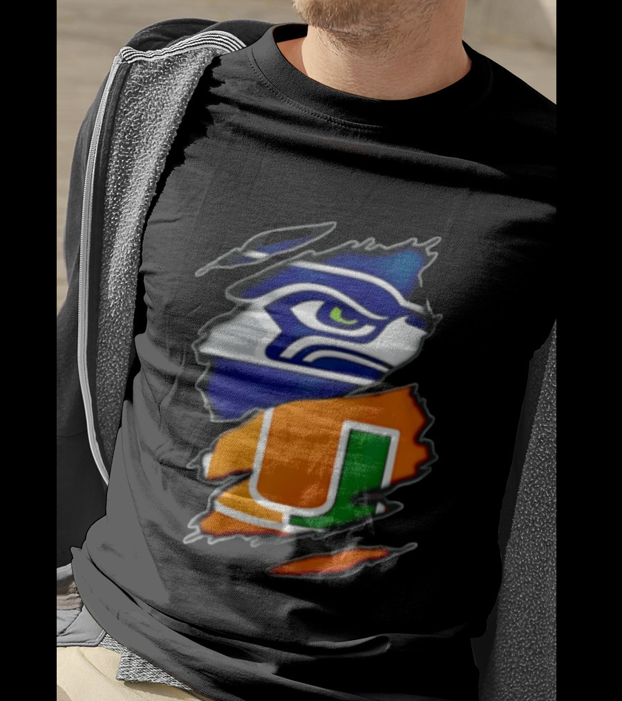 Seattle Seahawks Miami Hurricanes Torn Fabric Reveal Team Logos T-Shirt