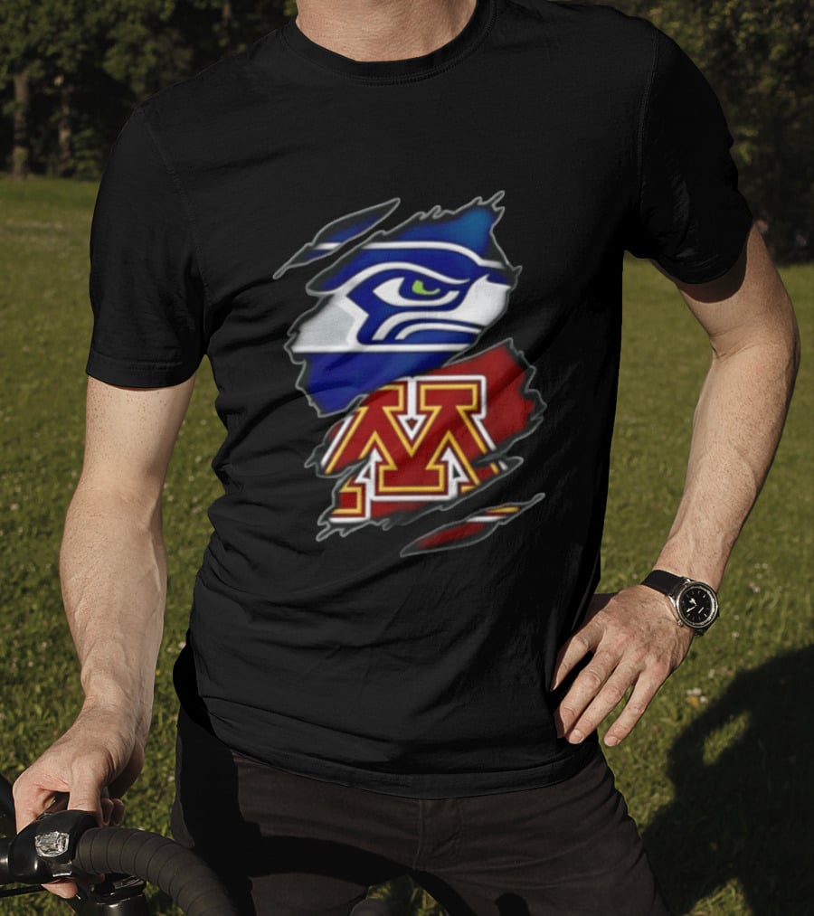 Seattle Seahawks Minnesota Golden Gophers Torn Fabric Reveal Team Emblems T-Shirt