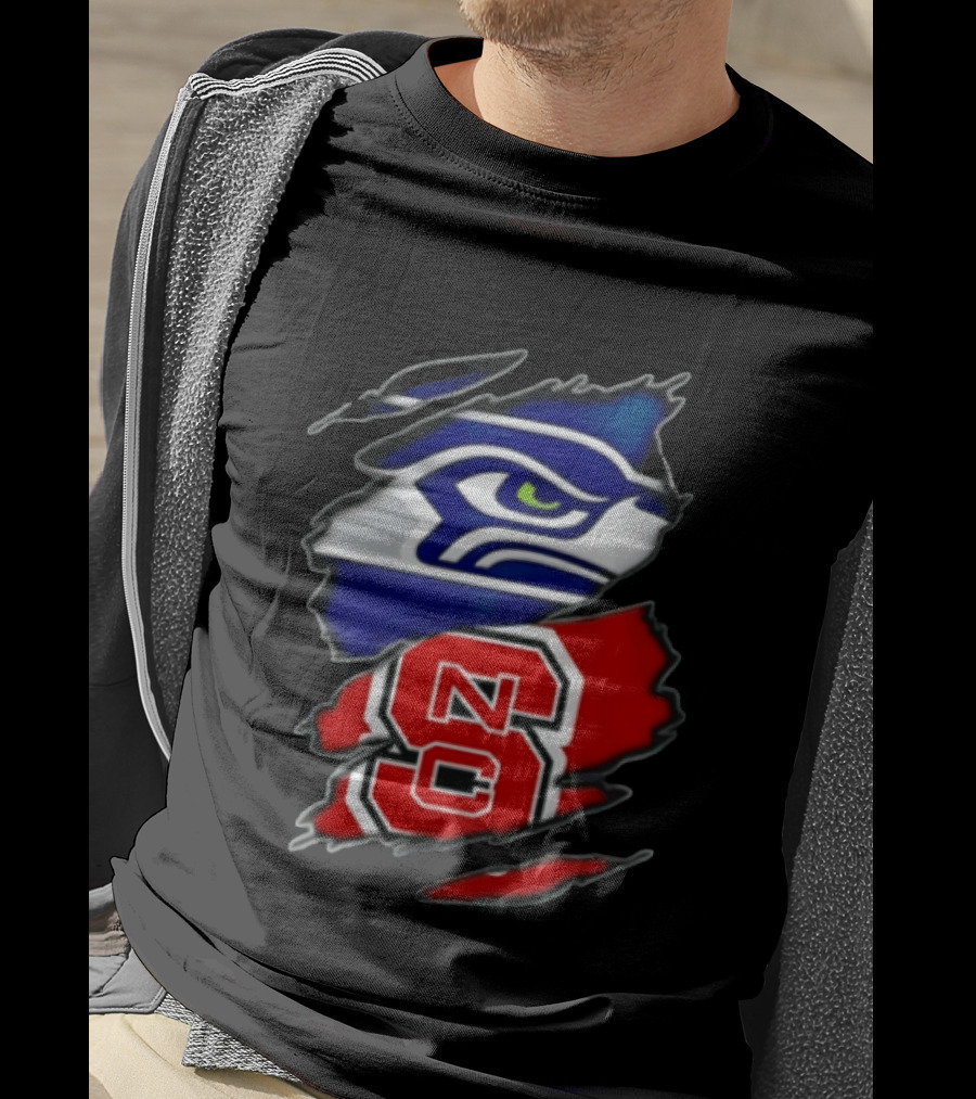Seattle Seahawks North Carolina State Wolfpack Torn Fabric NFL NCAA Team T-Shirt