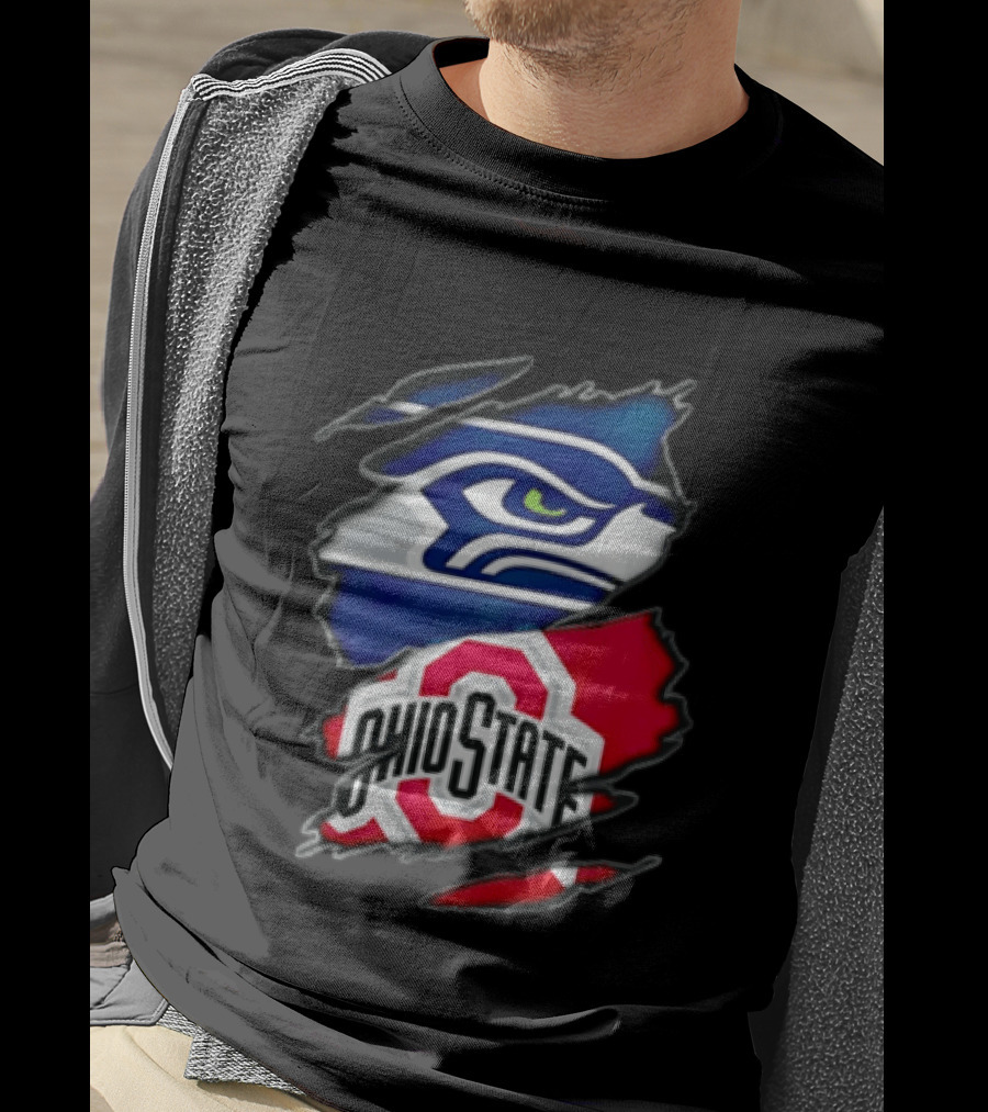Seattle Seahawks Ohio State Buckeyes Torn Fabric Effect Team Logos T-Shirt