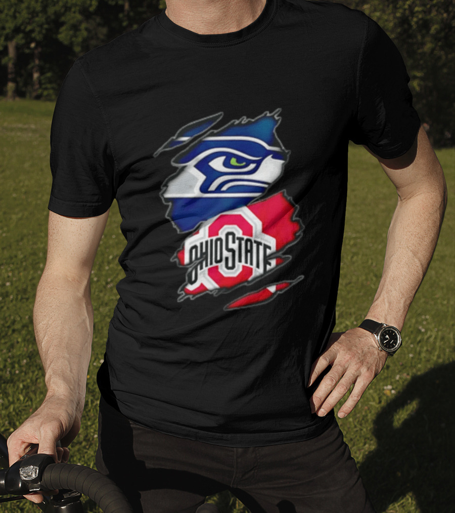 Seattle Seahawks Ohio State Buckeyes Torn Fabric Effect Team Logos T-Shirt