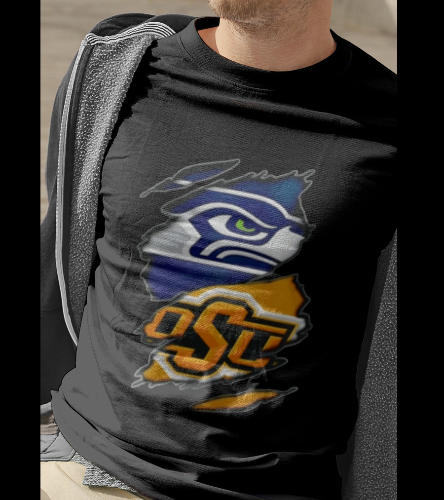 Seattle Seahawks Oklahoma State Cowboys Torn Fabric Reveal Sports T-Shirt