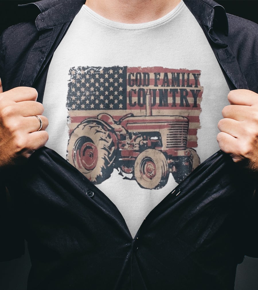 American Flag God Family Country Tractor T-Shirt