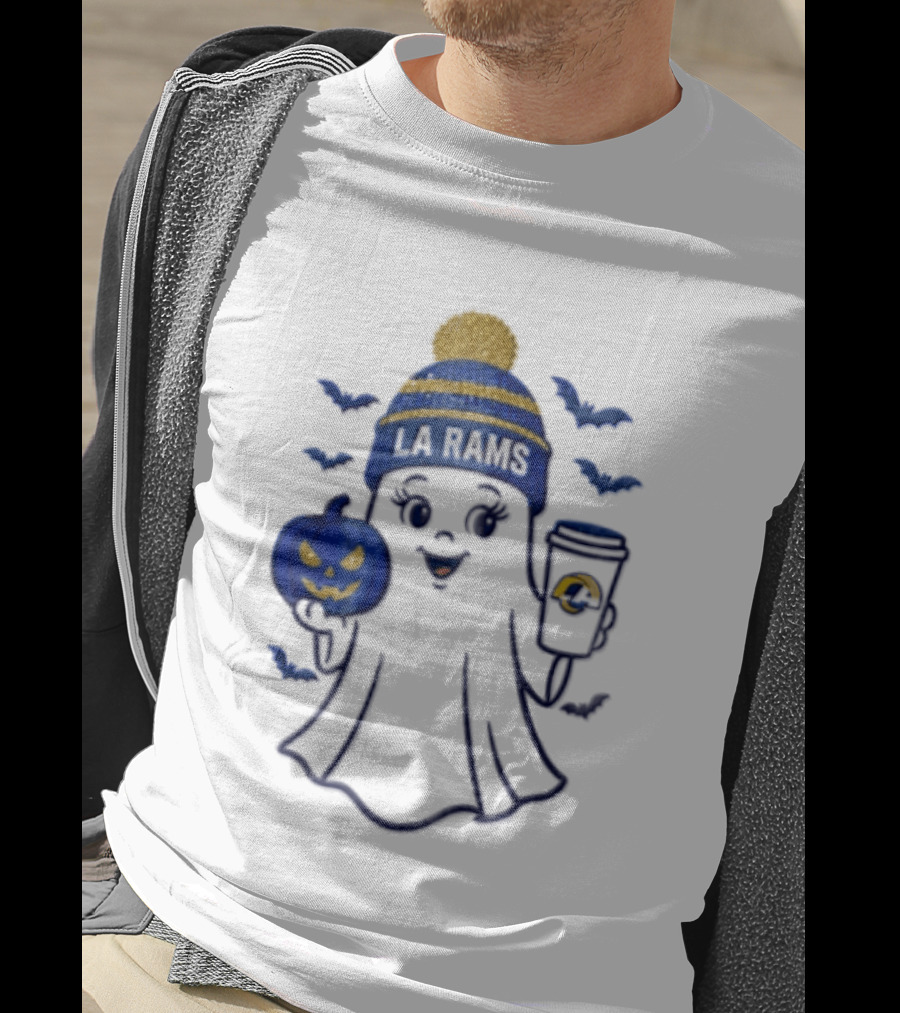 Los Angeles Rams Beanie Ghost Holding Pumpkin And Coffee Halloween T-Shirt