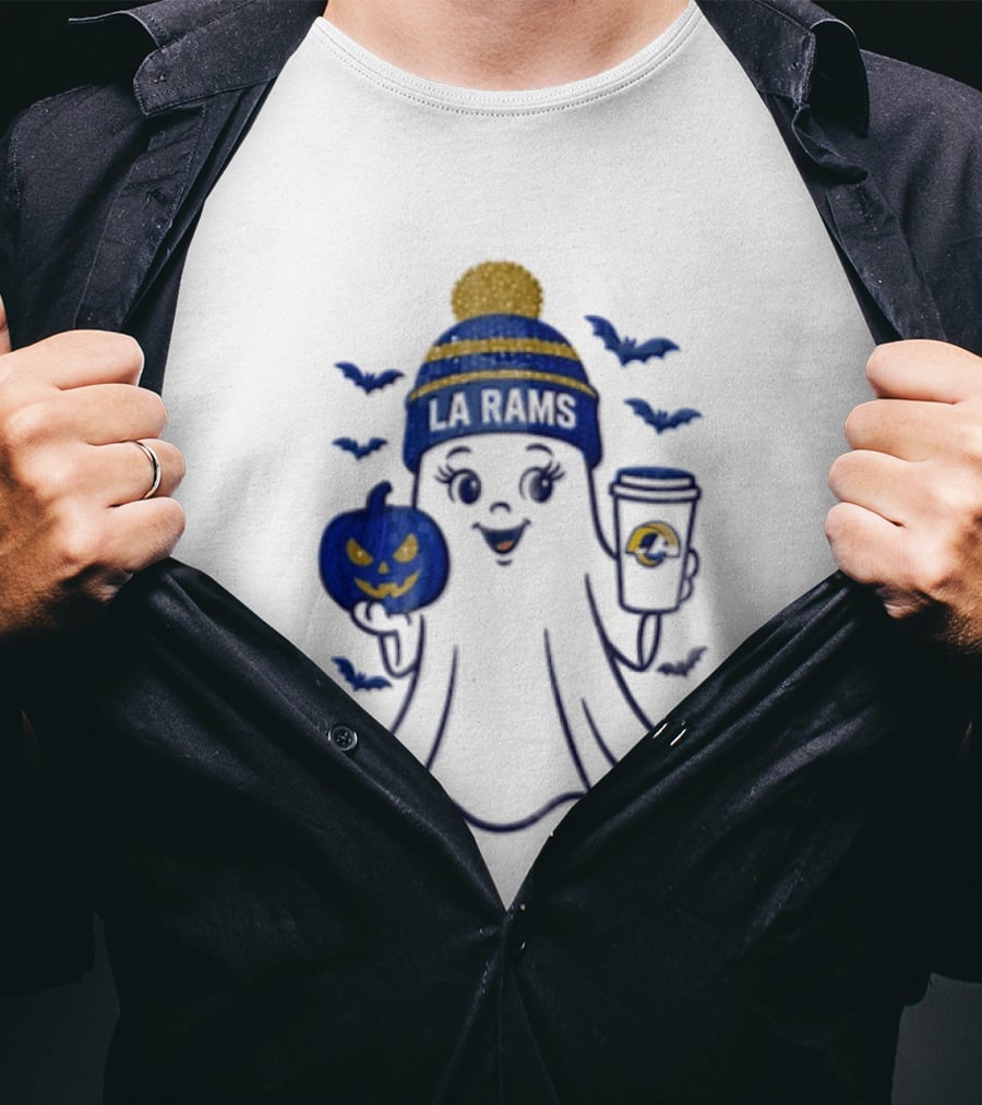 Los Angeles Rams Beanie Ghost Holding Pumpkin And Coffee Halloween T-Shirt