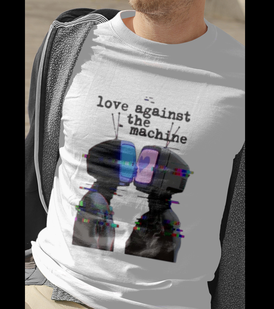 Love Against The Machine Two Television Heads Kissing Glitch Heart T-Shirt