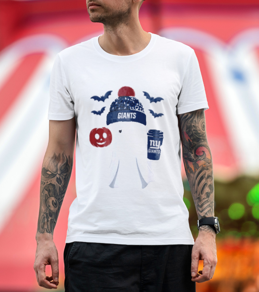 New York Giants Ghost Halloween Beanie With Pumpkin Coffee And Bats T-Shirt