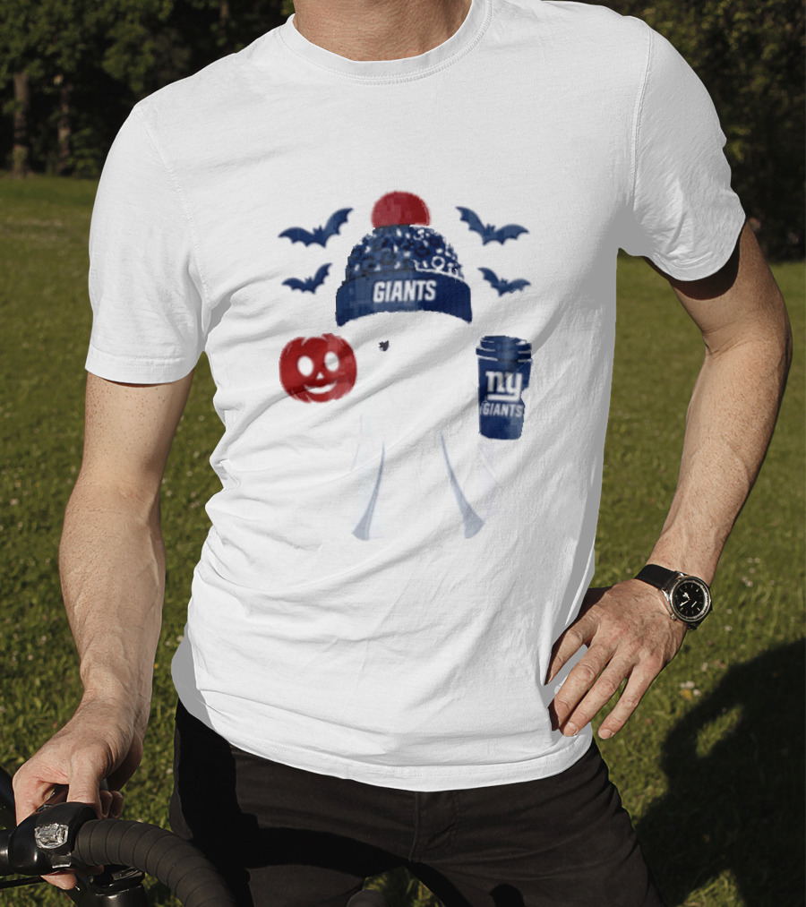 New York Giants Ghost Halloween Beanie With Pumpkin Coffee And Bats T-Shirt