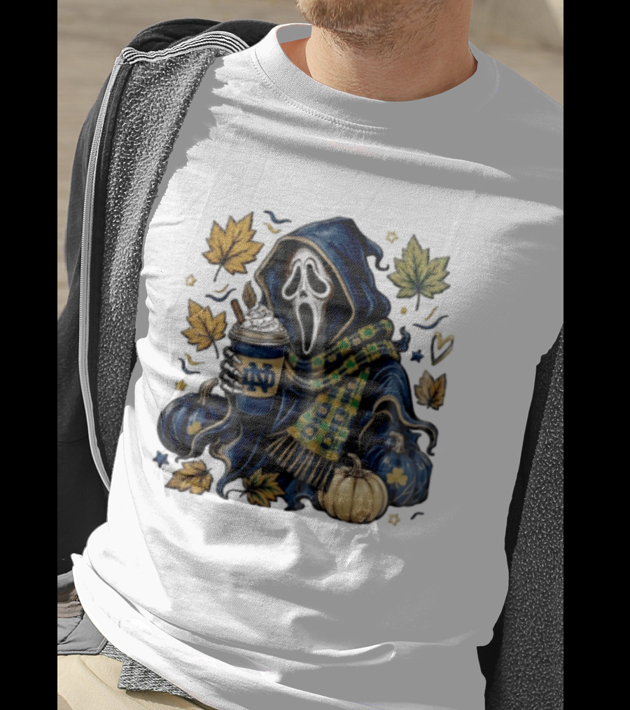 Notre Dame Ghostface Holding Coffee Autumn Leaves Pumpkins T-Shirt