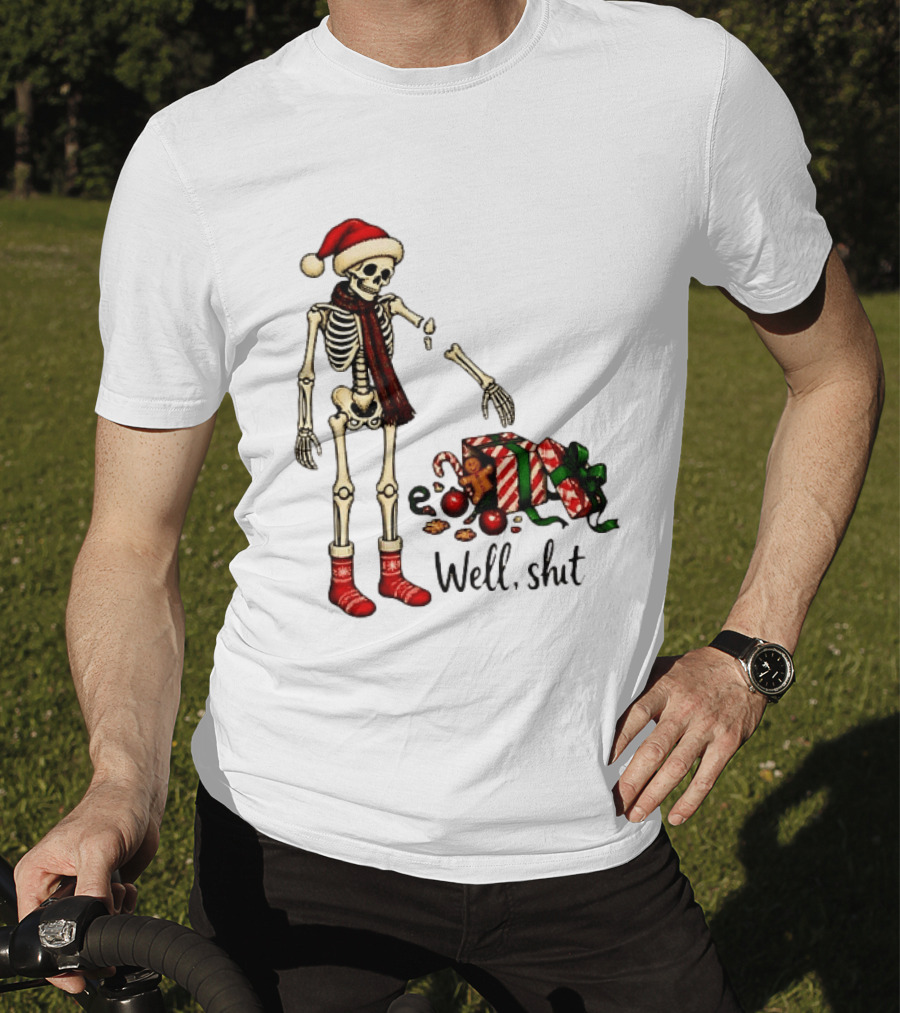 Well Shit Christmas Skeleton Gingerbread Man Santa Hat T-Shirt
