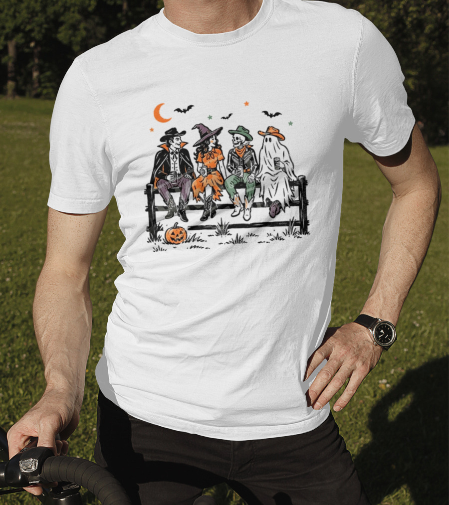 Witch Skeleton Ghost Vampire Western Halloween Scene With Pumpkins And Bats T-Shirt