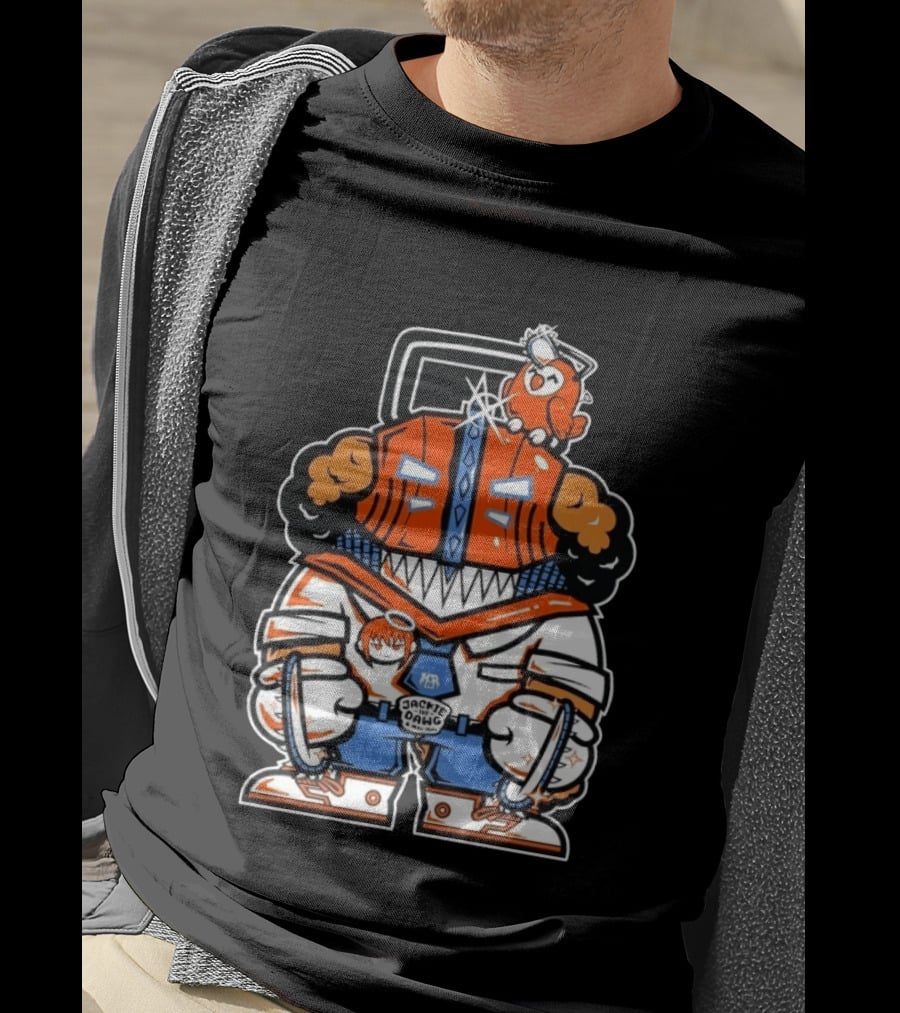 Jackie The Dawg Mau Mau Chainsaw Robot Cartoon Character With Bird T-Shirt