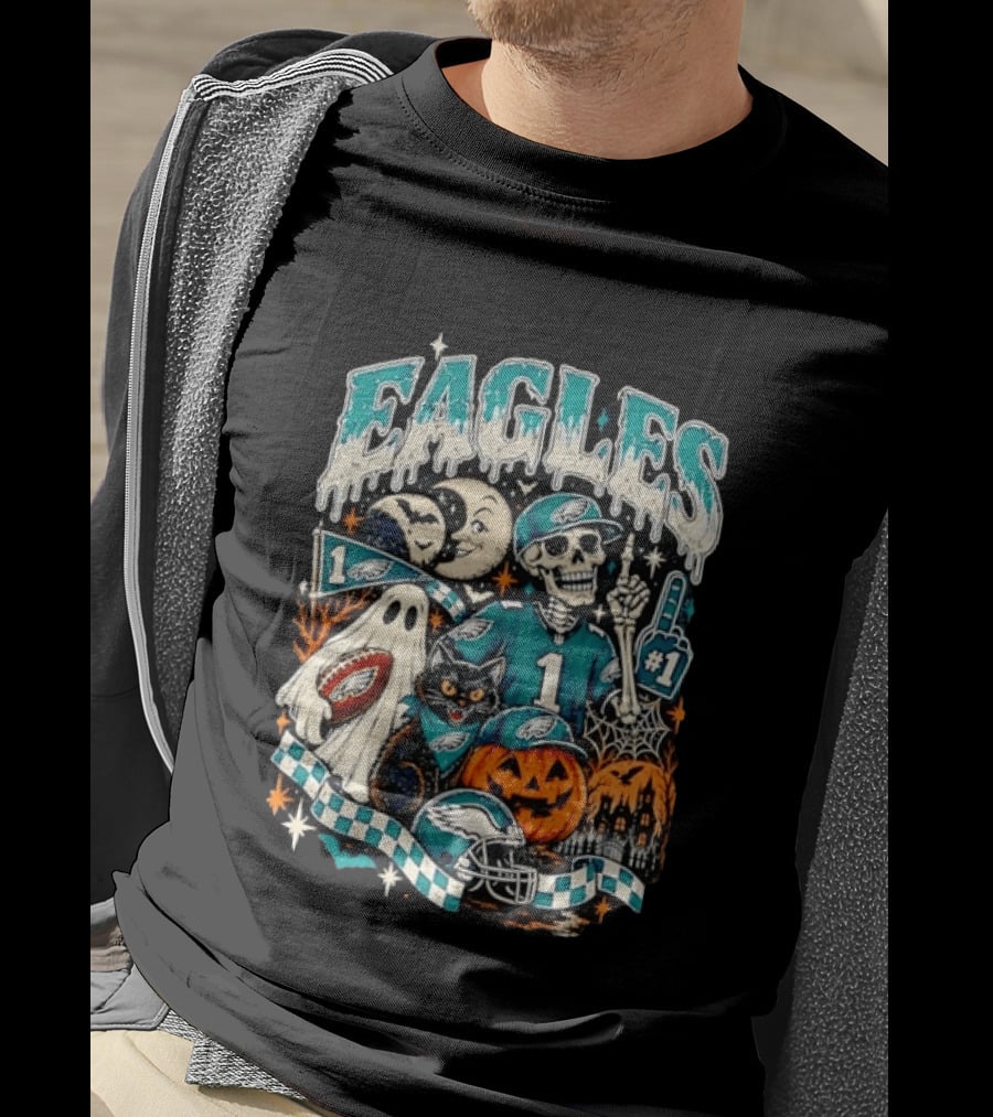 Eagles Jalen Hurts Halloween Skeleton Ghost Black Cat Pumpkin T-Shirt