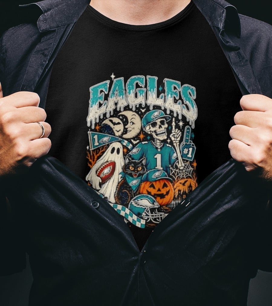 Eagles Jalen Hurts Halloween Skeleton Ghost Black Cat Pumpkin T-Shirt
