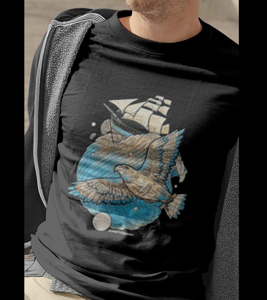 Scale The Summit Eagle Flying Over Sailing Ship Ocean Adventure T-Shirt