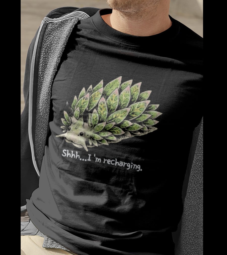 Leaf Sheep Sea Slug Shhh I'm Recharging Green Pink Cute Sea Creature T-Shirt