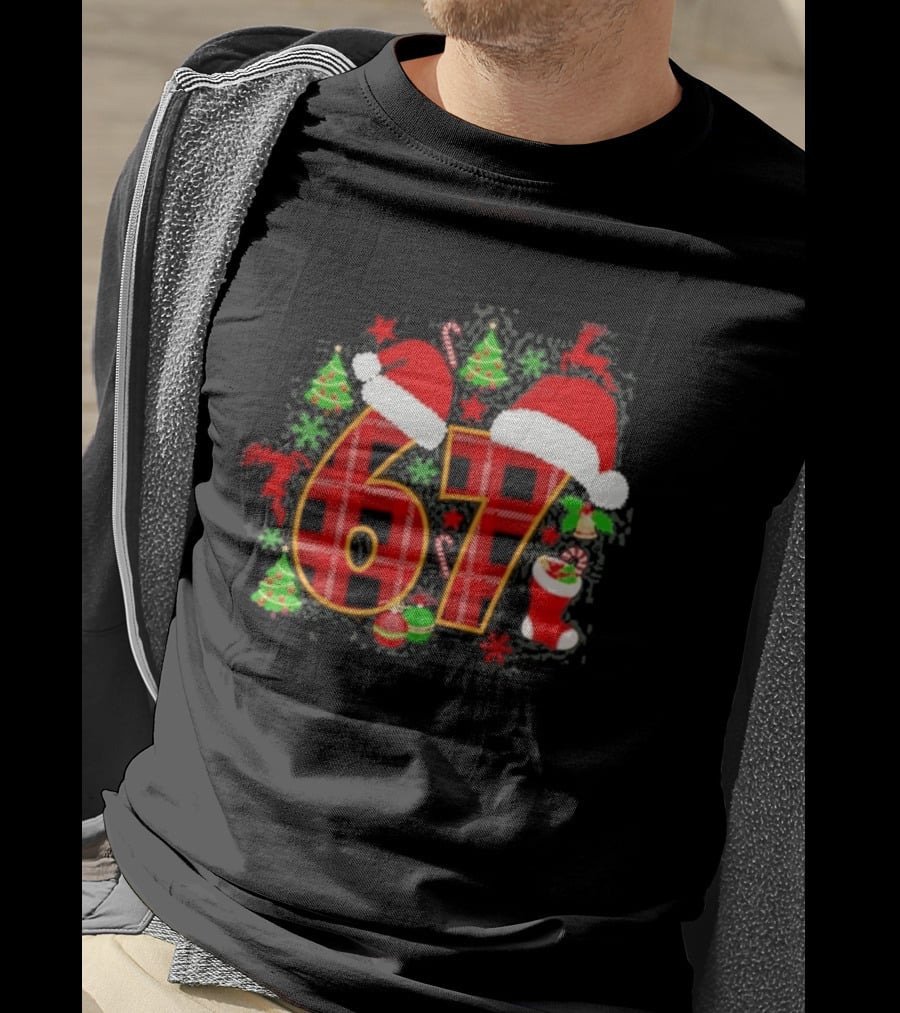 67 Christmas Plaid With Santa Hats And Festive Decorations T-Shirt