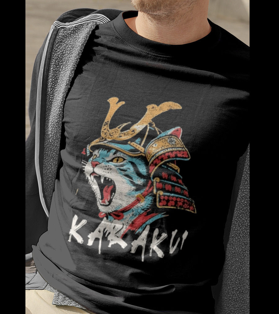 Karaku Distressed Samurai Cat With Helmet And Snarling Expression T-Shirt