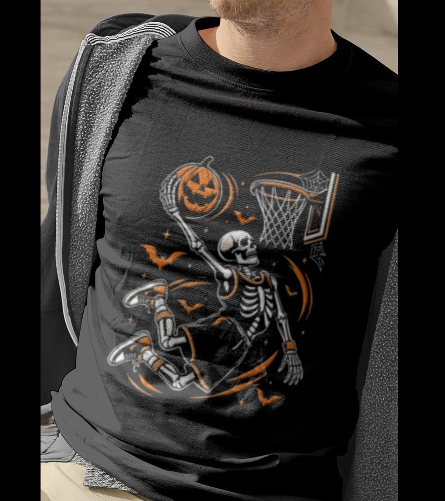 Skeleton Slam Dunk Pumpkin Basketball Hoop Spooky Halloween T-Shirt