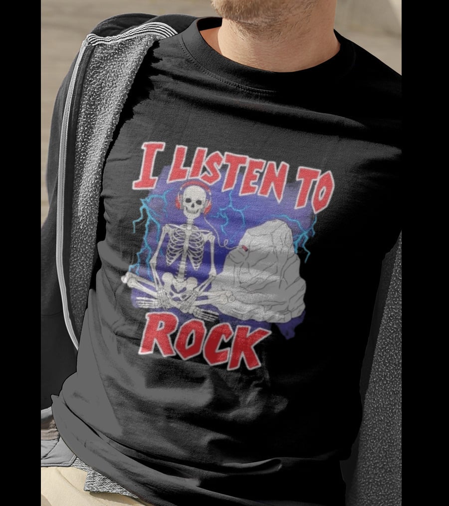 I Listen To Rock Skeleton Headphones Music T-Shirt