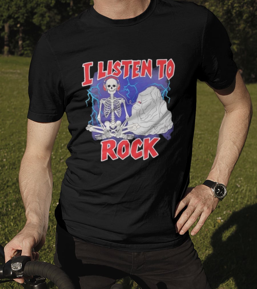 I Listen To Rock Skeleton Headphones Music T-Shirt