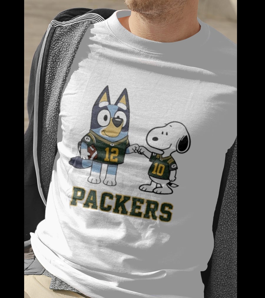 Bluey Snoopy Packers Football Friends Wearing 12 And 10 Jerseys T-Shirt