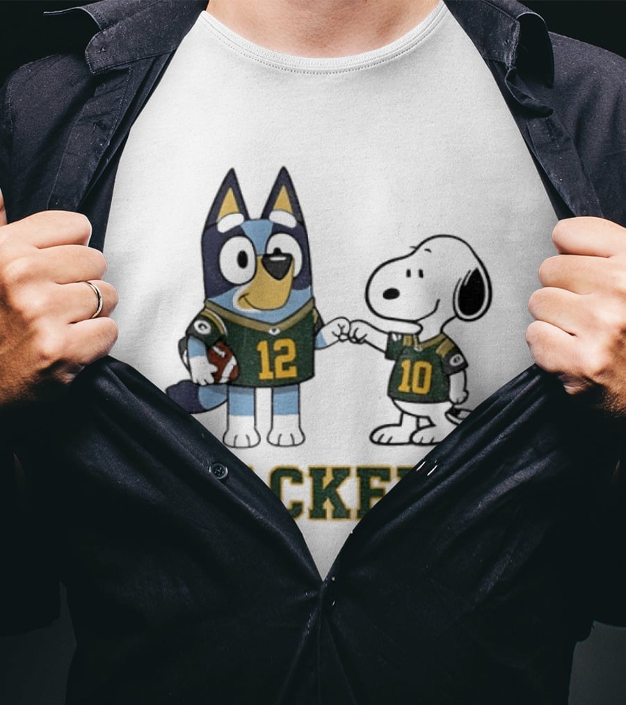 Bluey Snoopy Packers Football Friends Wearing 12 And 10 Jerseys T-Shirt