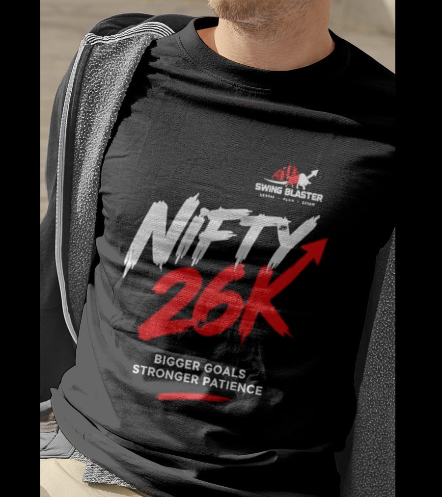 Swing Blaster Nifty 26K Bigger Goals Stronger Patience Bull And Bear Stock Market Trading Insights T-Shirt