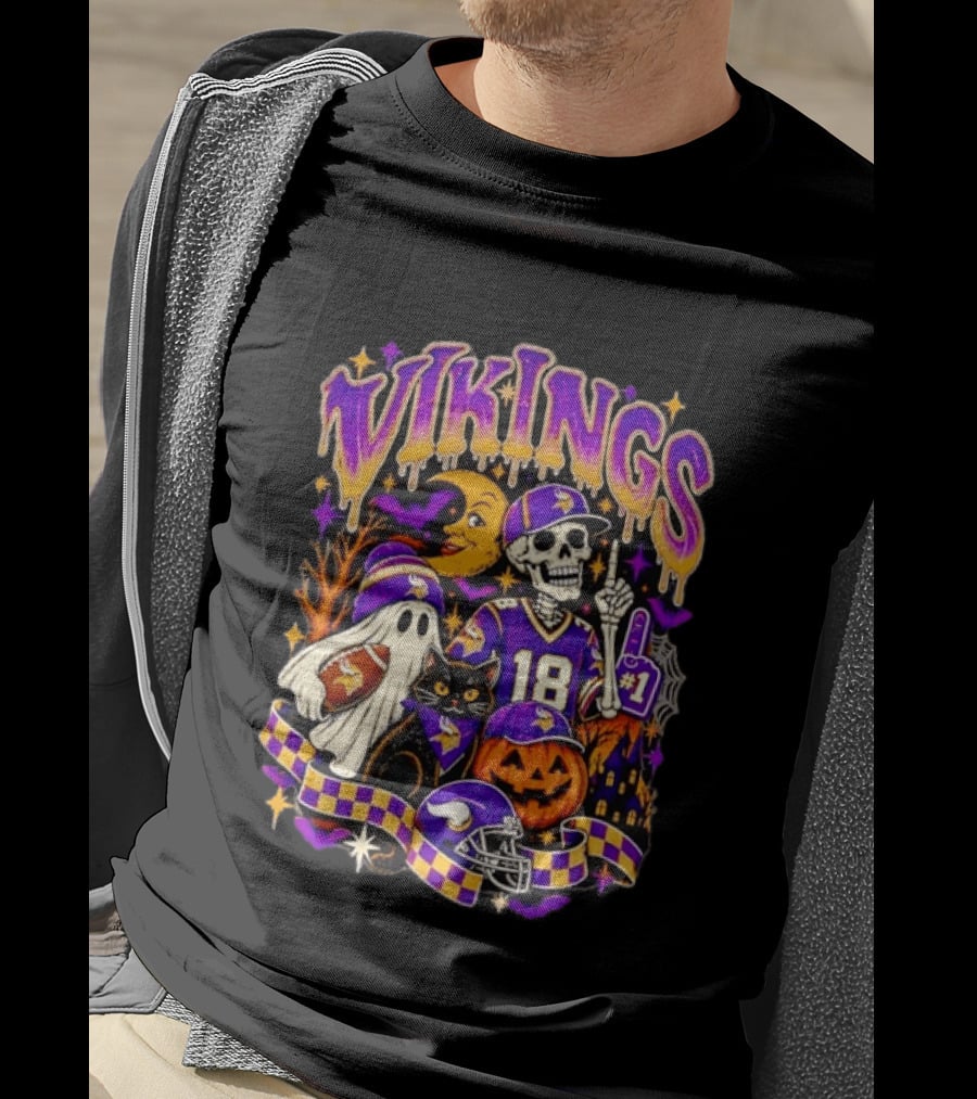 Vikings Halloween Skeleton Football 18 With Ghost Cat And Pumpkins T-Shirt