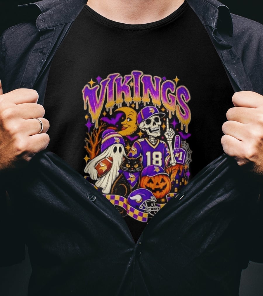 Vikings Halloween Skeleton Football 18 With Ghost Cat And Pumpkins T-Shirt