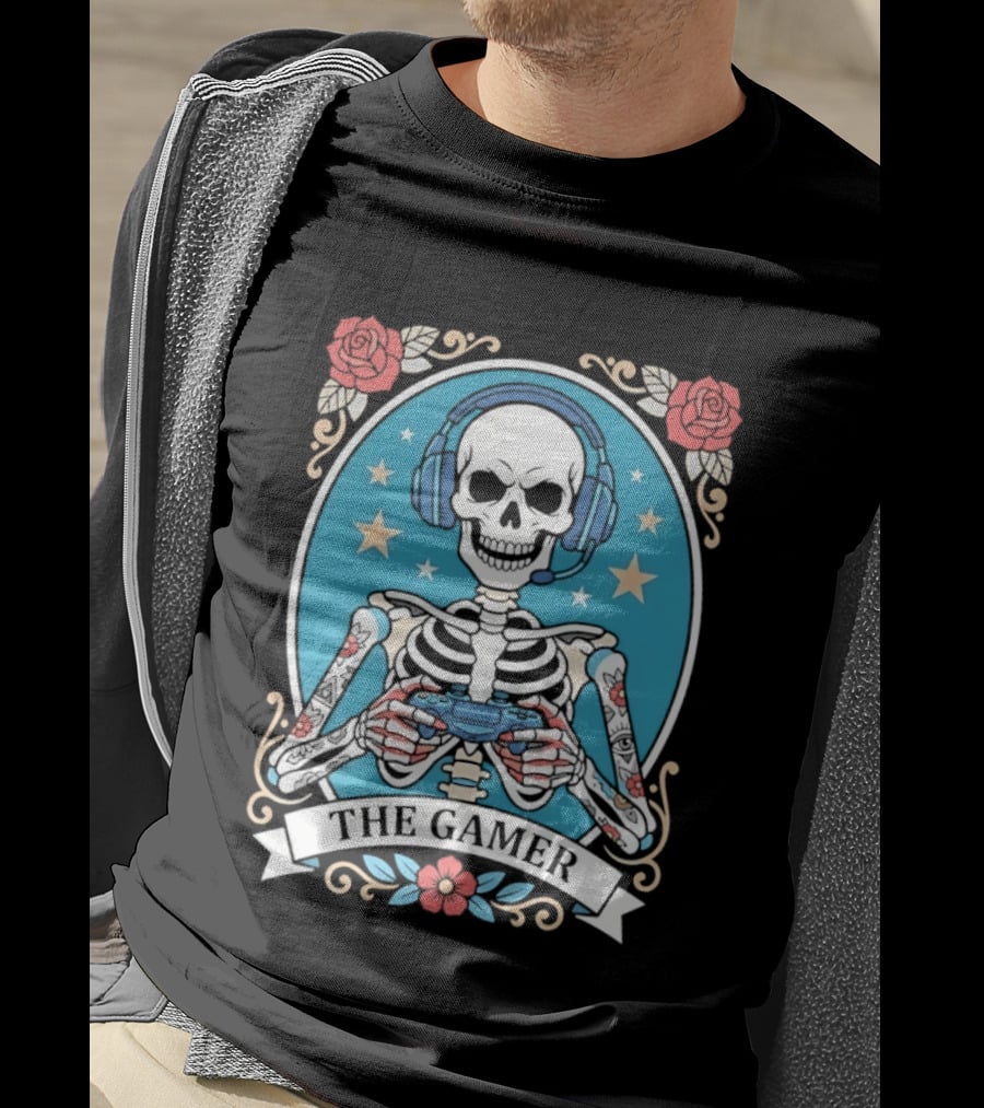 The Gamer Skeleton Headphones Controller Stars Roses T-Shirt