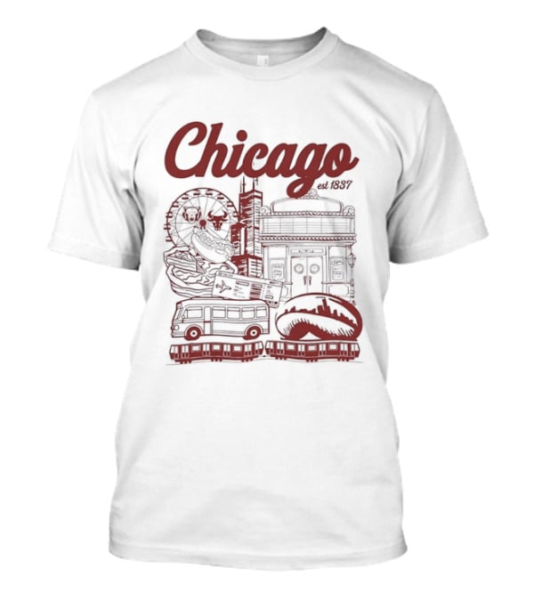 Chicago City Landmarks Illinois Est 1837 Ferris Wheel Hot Dog Retro Bus T-Shirt