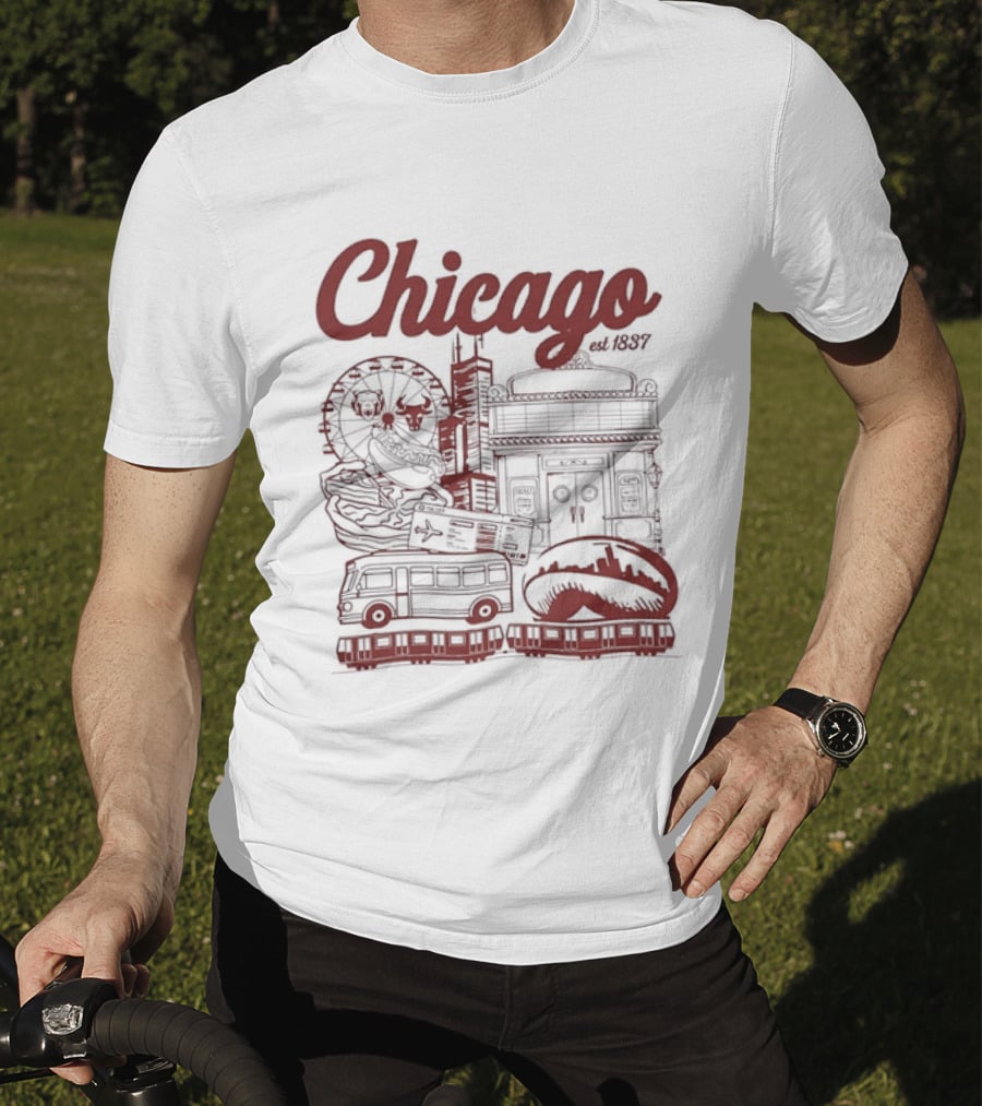 Chicago City Landmarks Illinois Est 1837 Ferris Wheel Hot Dog Retro Bus T-Shirt